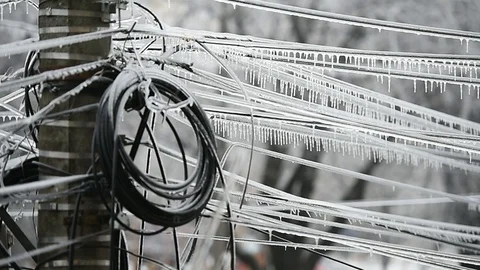 Electricity cables covered in ice after frozen rain phenomenon Video stock 101919171
