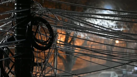 Electricity cables covered in ice after frozen rain phenomenon Video stock 101964696