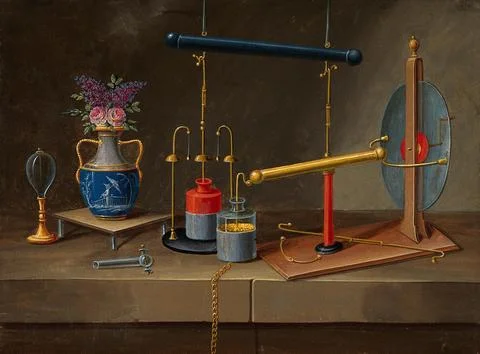 Electricity: condenser jars, an electro-static generator, and a vase with f.. 库存插图