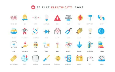 Electricity, electrical circuit components, equipment of electrician color icon Stock Illustration