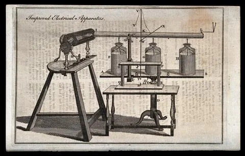 Electricity: an electro-static machine charging three Leyden Jars. Engraving. 库存插图