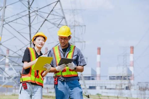 Electricity engineer working team against power plant background and power .. Stock Photos