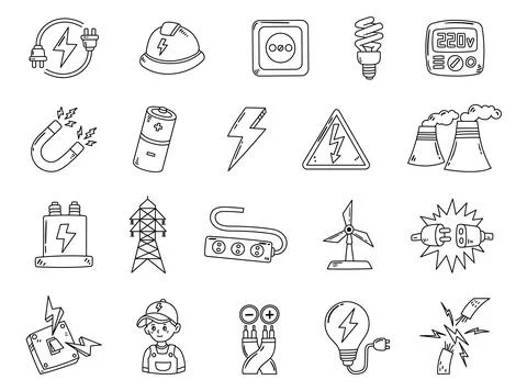 Electricity engineering set in outline line art Stock Illustration