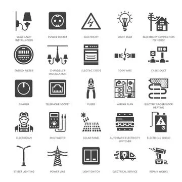 Electricity engineering vector flat glyph icons. Electrical equipment, power Stock-Illustration