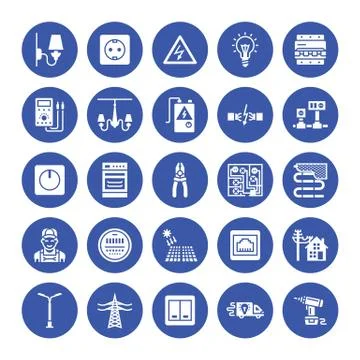 Electricity engineering vector flat glyph icons. Electrical equipment, power Illustrazione stock