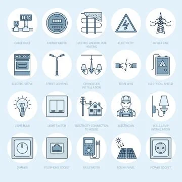 Electricity engineering vector flat line icons. Electrical equipment, power Illustrazione stock