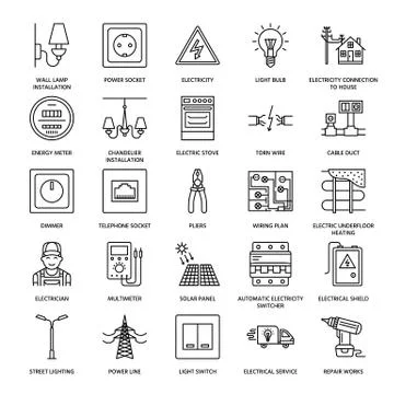 Electricity engineering vector flat line icons. Electrical equipment, power Illustrazione stock
