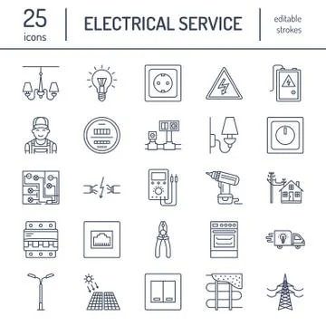 Electricity engineering vector flat line icons. Electrical equipment, power Illustrazione stock