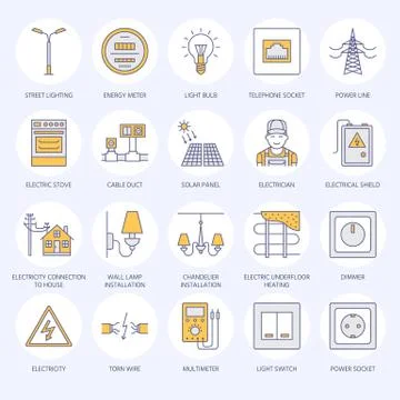 Electricity engineering vector flat line icons. Electrical equipment, power Illustrazione stock