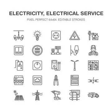 Electricity engineering vector flat line icons. Electrical equipment, power Stock Illustration