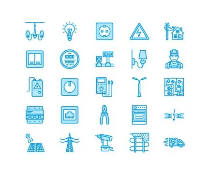 Electricity engineering vector flat line icons. Electrical equipment, power Ilustração Stock