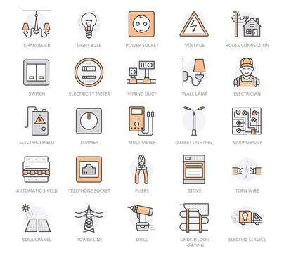 Electricity engineering vector flat line icons. Electrical equipment, power Stock Illustration
