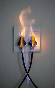 Electricity, fire and plug on wall of home with accident, connection or Stock-Fotos