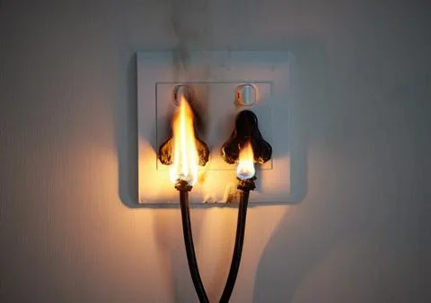 Electricity, flame and socket on wall of home with space for accident Stock-Fotos