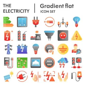 Electricity flat icon set, power symbols collection, vector sketches, logo Stock Illustration