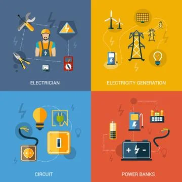 Electricity Flat Set Stock Illustration