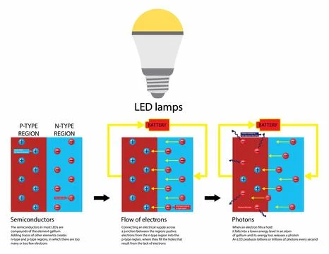 Electricity flows into the semiconductor, Light emitting diode Stock Illustration