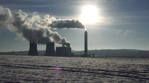 Electricity generation coal power station cooling stacks towers - pan shot Video stock 45510656
