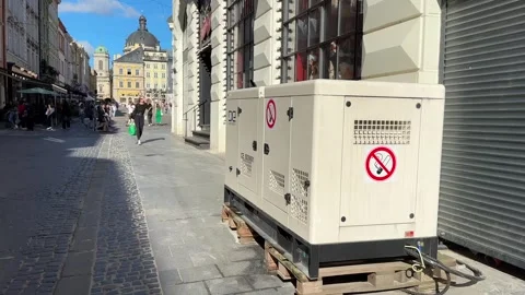 A electricity generator work outside the cafe in Ukraine Video stock 278149640