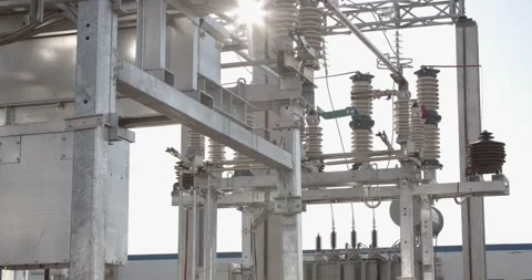 Electricity grid infrastructure with high voltage lines and industrial structure 스톡 동영상 328885896