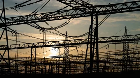 Electricity: High voltage power lines, Time Lapse at Sunrise Stock Footage 145834831