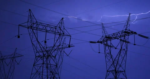 Electricity High Voltage Power Lines Stormy Night Lighting Bolt Time Lapse Trell Vídeo Stock 151863947