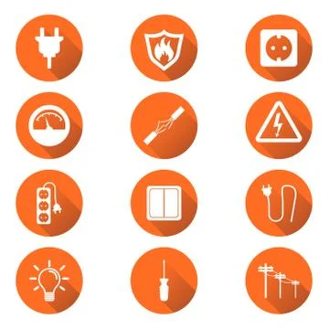 Electricity icon. Vector illustration in flat style on orange circle backgrou Illustrazione stock