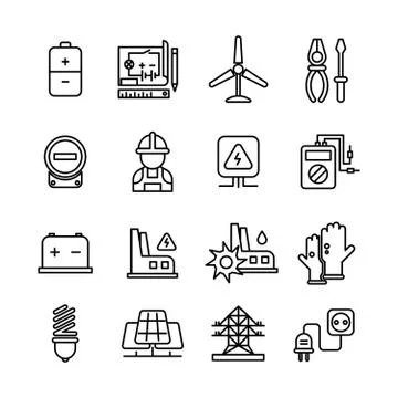 Electricity industry, electrical engineering vector line icons Stock Illustration