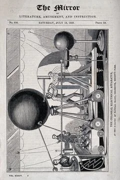 Electricity: a large electro-static generator machine in use in a tented [?.. 库存插图