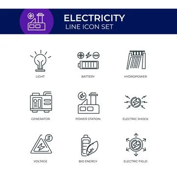 Electricity Line Icon Set Customizable Stroke Isolated on White Background Stock Illustration