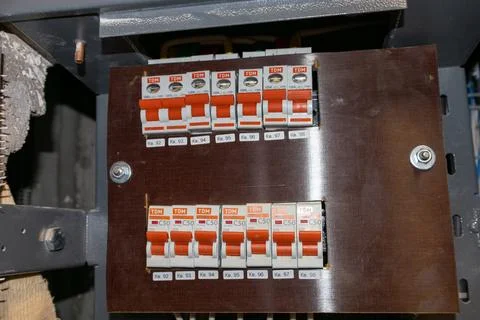 Electricity meters. Electrical panel. Electrical wires. Foto stock