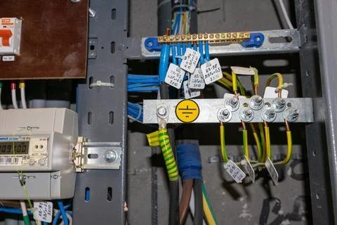 Electricity meters. Electrical panel. Electrical wires. Stock Photos