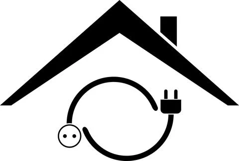 Electricity plug, electricity socket, house, sticker label, electrician logo 스톡 일러스트
