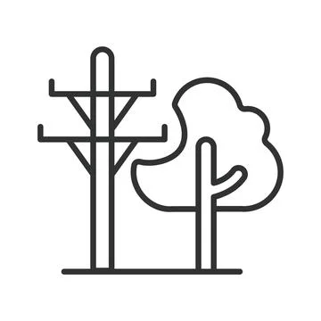 Electricity pole and tree, icon in line design. Power line, nature, environment Stock Illustration