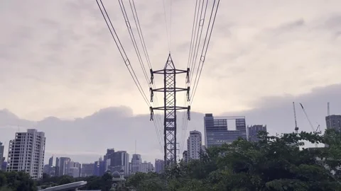 Electricity pole attached to cables. developing city, panoramic on a Stock Footage 281147366