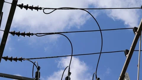 Electricity pole, structural with conductors wire isolated on blue sky Stock Footage 140369755