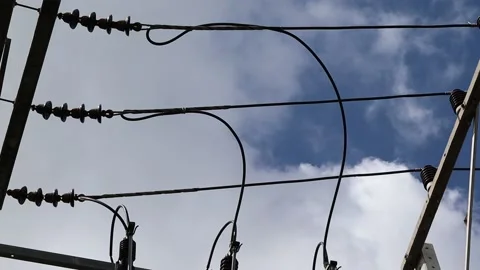 Electricity pole, structural with conductors wire isolated on blue sky Stock Footage 140369918