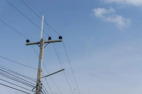 Electricity post with cloud blue sky., copy space for text Stock Photos