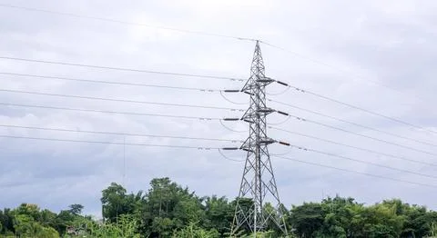 Electricity post on a sky and cloud background. Foto stock
