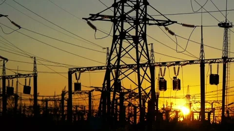 Electricity power station at a sunset Stock Footage