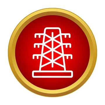 Electricity pylon icon in red circle representing power grid Stock Illustration