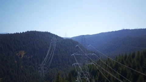 Electricity pylons in the forest during sunset Stock Footage 77747110