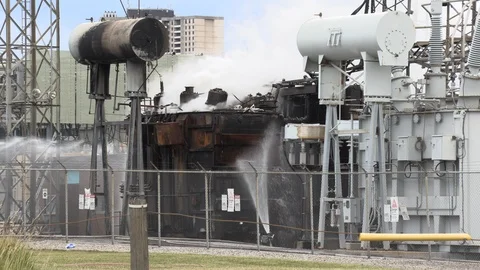 Electricity smart grid and power sub station on fire Stock Footage 124239798