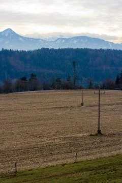 Electricity towers in an austrian landscape Stock Photos