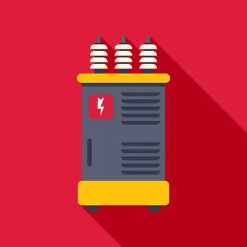 Electricity transformer icon generating power on red background Stock Illustration