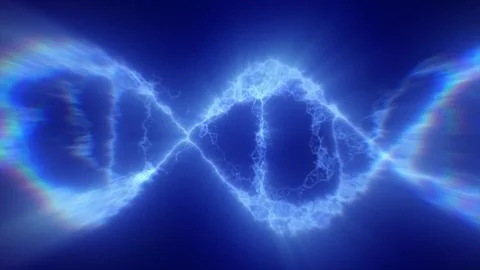 Electrified blue DNA helix glowing with energy against a dark backdrop, repre Stock Illustration