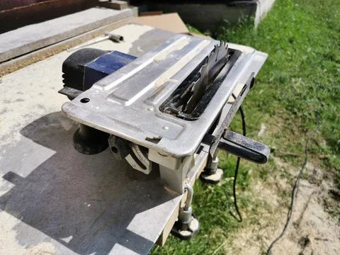 Electrified circular saw installed on the table. Tool for sawing lumber Stock Photos