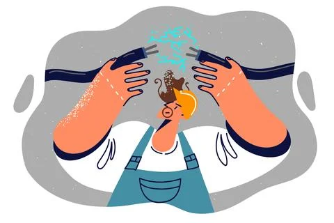 Electrite man holds broken wire restoring power supply interrupted due to Stock Illustration