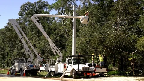 Electritiand working on powerlines 動画素材 115372465