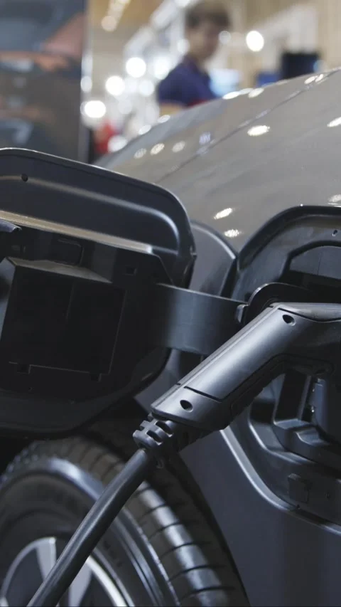 An electro car on charge at the charging station indoors Stock Footage 328452388
